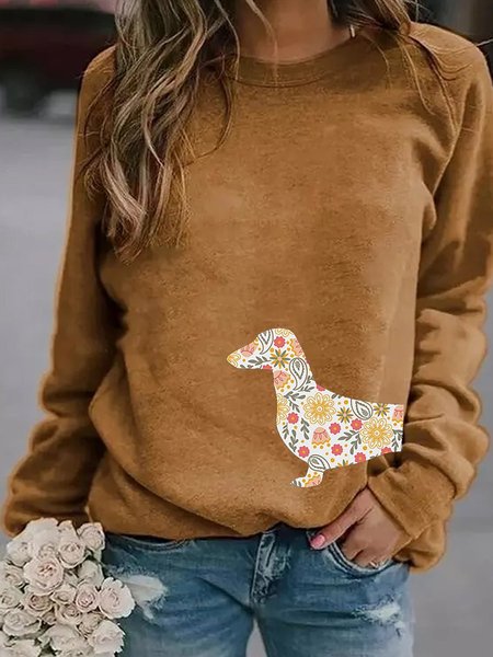 Floral puppy Casual Crew Neck Cotton-Blend Woman's Hoodie, Yellow, Hoodies&Sweatshirts