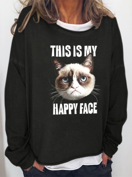 THIS IS MY HAPPY FACE Cat Long Sleeve Casual Woman's Sweatshirt, Black, Hoodies&Sweatshirts