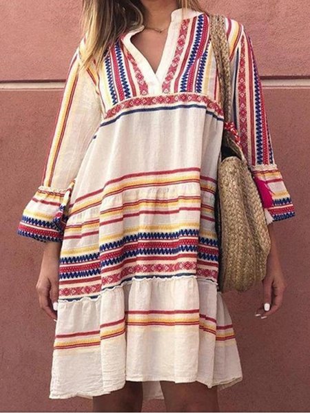 Holiday 3/4 Sleeve Stripes Dress, As picture, Midi Dresses
