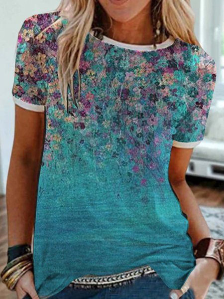Floral Short Sleeve Printed Cotton-blend Crew Neck Casual Summer Top, Blue, T-Shirts
Floral Short Sleeve Printed Cotton-blend Crew Neck Casual Summer Top, Blue, T-Shirts