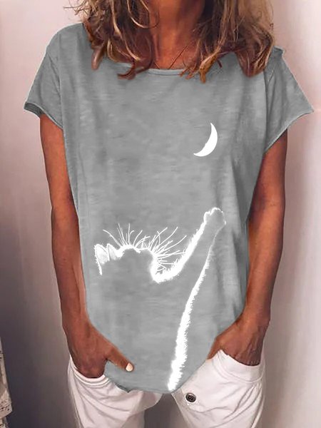 Women's Cat Print Short Sleeve Crew Neck Tee T-Shirt, Gray, T-shirts