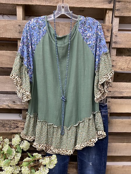 Casual Round Neck Floral Mix Trimmed Animal Print T-shirt, Green, T-Shirts