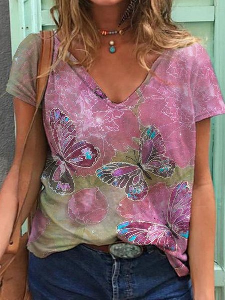Short Sleeve V Neck Animal Shirts & Tops, Purple, Printed T-shirts