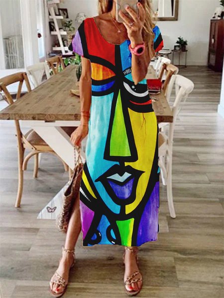 Short Sleeve Shift Casual Abstract Color-Block Maxi Dress, Maxi Dresses