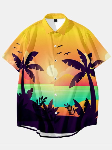 Shirt Collar Printed Shirts & Tops, Yellow, Short Sleeves Shirts