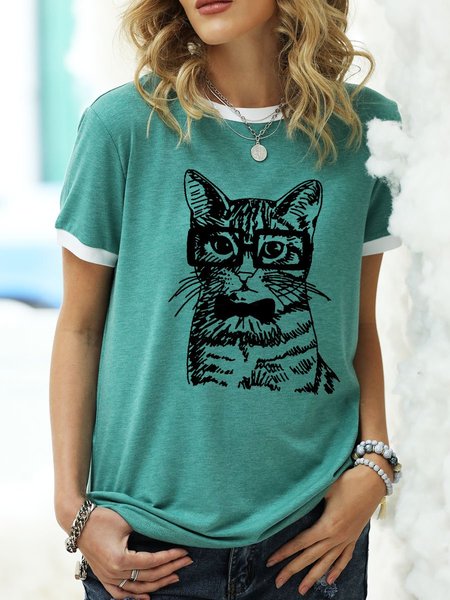 Kiki Cat Wearing Glasses Graphic Tee, Green, T-shirts