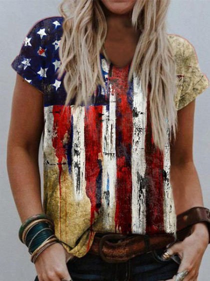 Flag print casual short sleeve t-shirt, As picture, T-Shirts