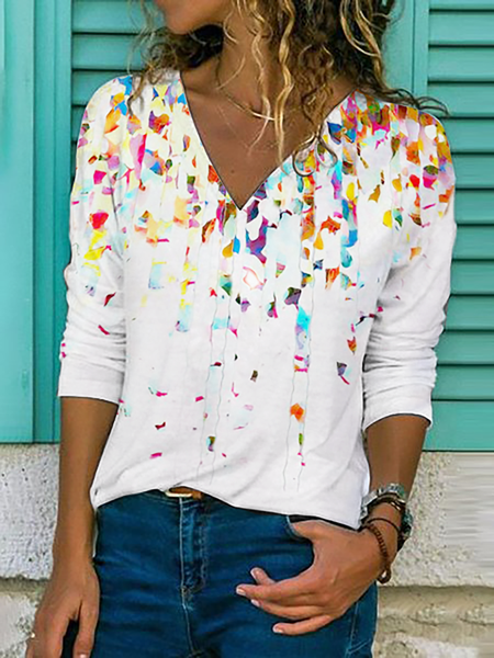 Plus size Long Sleeve Printed Shirts & Tops, White, Blouses & Shirts