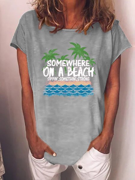 Somewhere On A Beach Tee Crew Neck Casual Women T-shirt, Gray, T-shirts