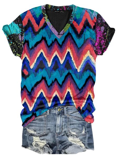 Casual V Neck Short Sleeve Shirt & Top, Blue, Tops