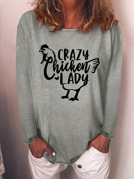 Crazy Chicken Lady Graphic Long Sleeve Round Neck Loose Top, Gray, T-shirts