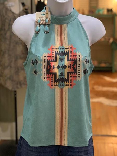 Printed Crew Neck Casual Shirts & Tops, Blue, Auto-Clearance