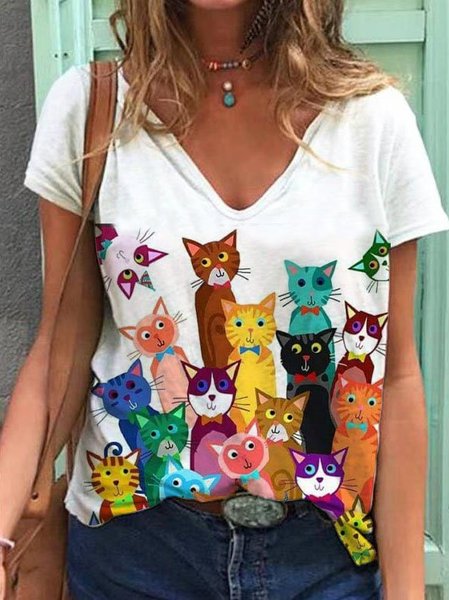Casual Floral-Print Animal Short Sleeve Shirts & Tops, White, Tops