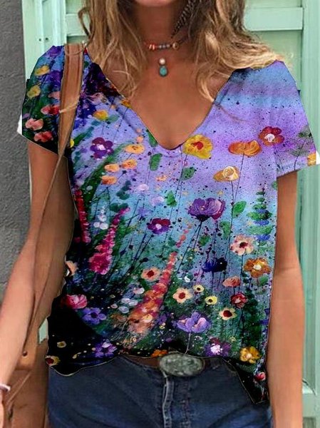 Short Sleeve Floral-Print Shirts & Tops, Purple, Tops