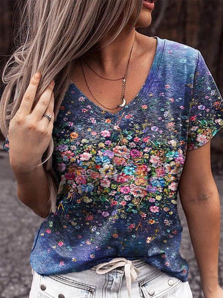 Floral V Neck Floral-Print Women Casual Shirt & Top, Blue, T-shirts