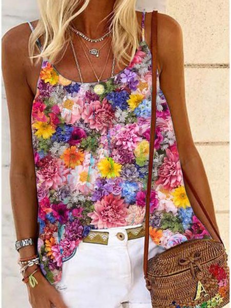 Cotton-Blend Floral-Print Sleeveless Spaghetti Shirts & Tops, Multicolor, Tank Top