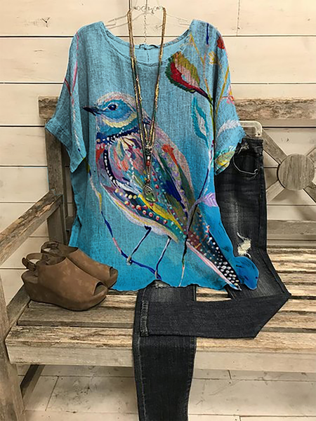Plus size Casual Lark Bird Printed Shirts & Tops, Blue, Tops