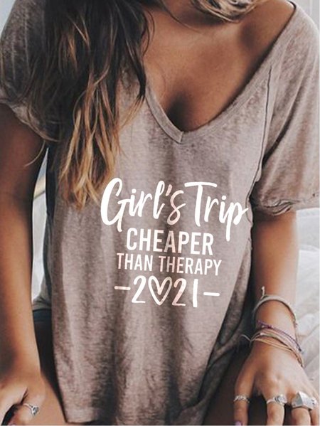 Girls Trip Cheaper Than Therapy 2021 V Neck T-Shirt, Champagne, T-shirts