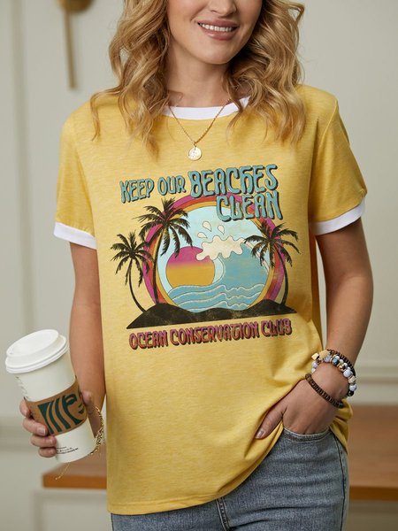 Keep Beaches Clean Graphic Short Seeve Round Neck Loose Tee, Yellow, T-shirts