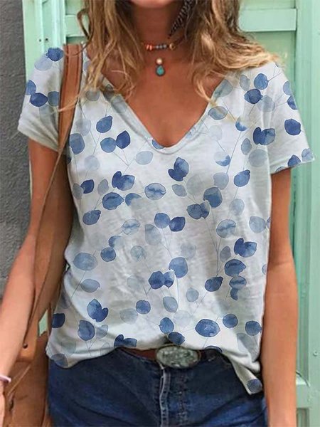 V Neck Printed Short Sleeve Casual T-shirt, White, Tops