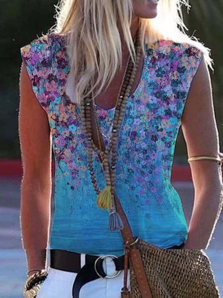 Casual Sleeveless Floral-Print V Neck Shirts & Tops, Blue, Tank Top