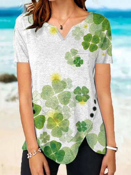 V Neck Casual Short Sleeve T-shirt, Green, Tees & T-shirts