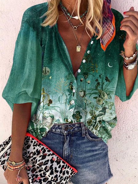 Casual Gradient Floral Shirt Collar Tops, Green, Blouses & Shirts