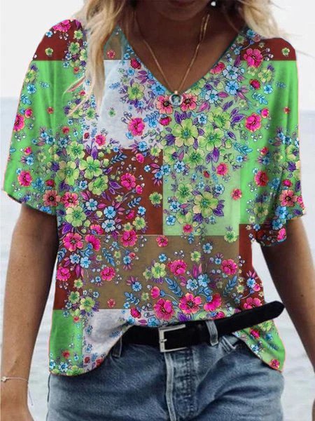 V Neck Short Sleeve Cotton-Blend Floral T-Shirts & Tops, Green, T-Shirts