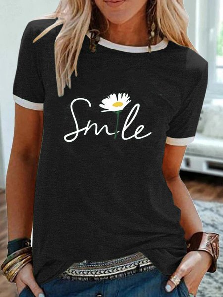Smile Daisy Casual Floral Crew Neck Short Sleeve Woman's T-shirt, Black, T-shirts