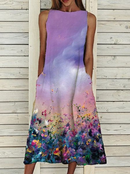 

Floral Elegant A-Line Cotton-Blend Weaving Dress, Purple, Auto-Clearance