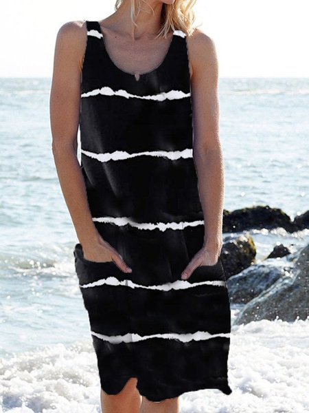 Casual Tie-dyed Print Pocket Sleevless Dress, Black, Casual Dresses