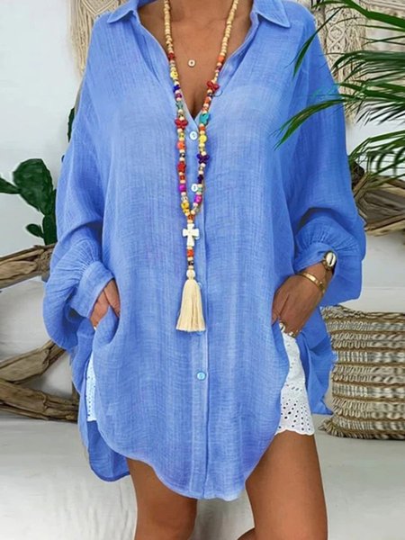 Cotton Linen Casual Turn-down Collar Long Sleeve, Blue, Shirts & Blouses