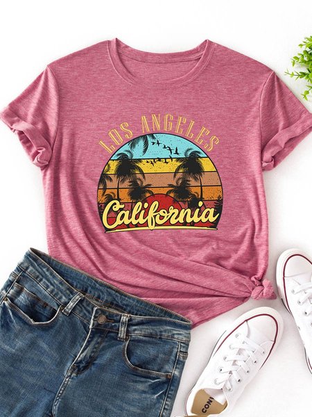 California Palm Tree Graphic Short Sleeve Round Neck Loose Tee, Brick red, T-shirts