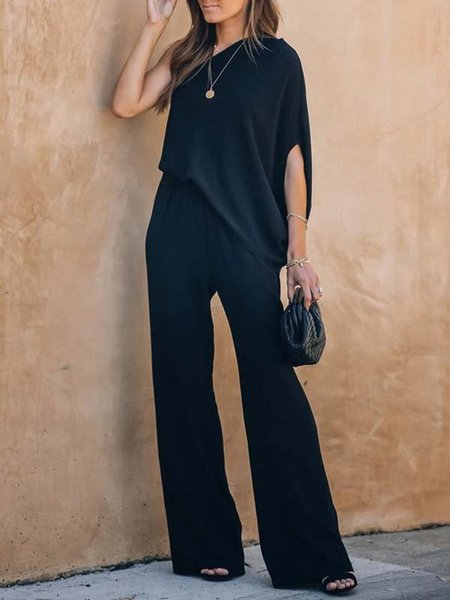Solido Una Spalla Misto Cotone Pezzi interi, Blu marino, Jumpsuits