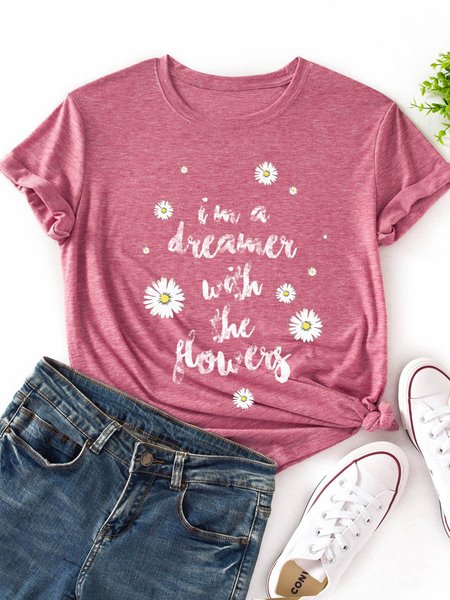 Daisy Graphic Short Sleeve Round Neck Loose Tee, Brick red, T-shirts