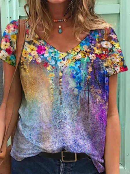 Women's Summer Colorful Flower Painting V Neck Short Sleeve T-shirt, Purple, T-Shirts
Women's Summer Colorful Flower Painting V Neck Short Sleeve T-shirt, Purple, T-Shirts