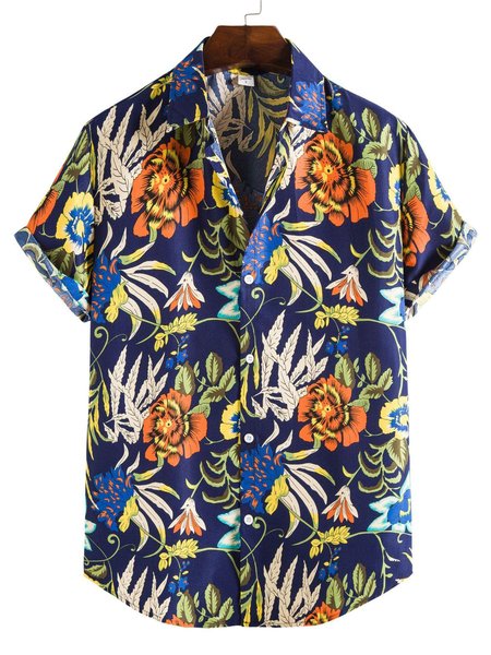 Printed Shirt Collar Cotton Shirts & Tops, Blue, Shirts