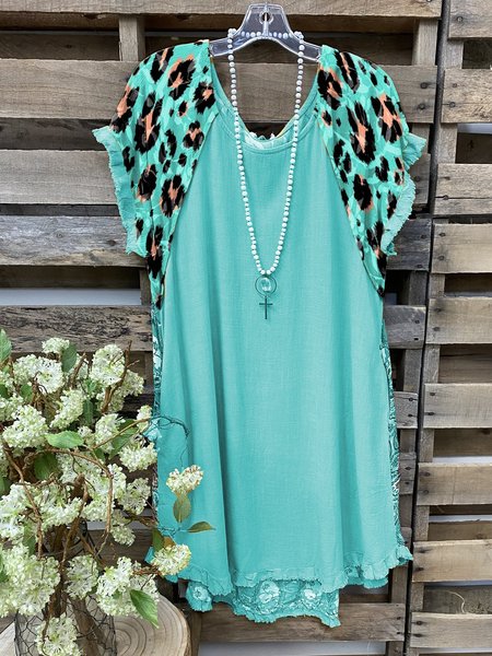 Shift Leopard Short Sleeve Cotton-Blend Dresses, Turquoise, Tops