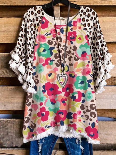 Casual Crew Neck Floral Tops, Pink, Tops