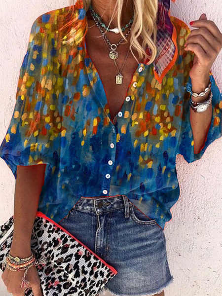 Holiday Abstract V Neck Short Sleeve Shirts & Tops, As picture, Blouses & Shirts