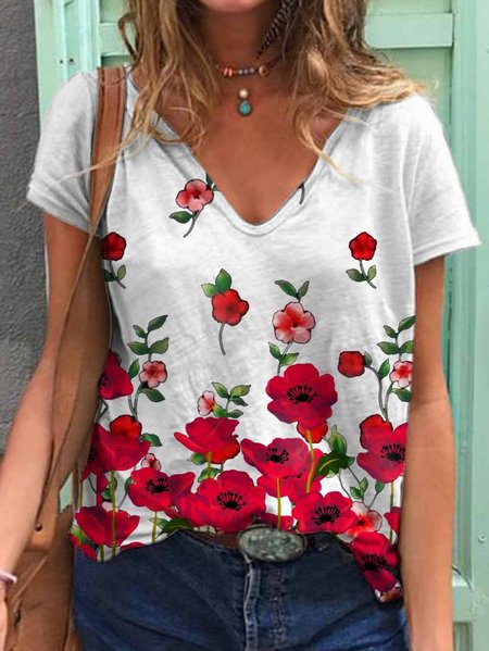 Poppy Graphic Short-Sleeved V-Neck Loose Tee, White, T-shirts