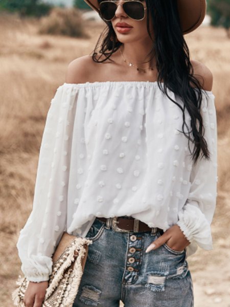 Maniche Lunghe Solido Vacanza Spalla Nuda Superiore, Bianco, Blouses & Shirts