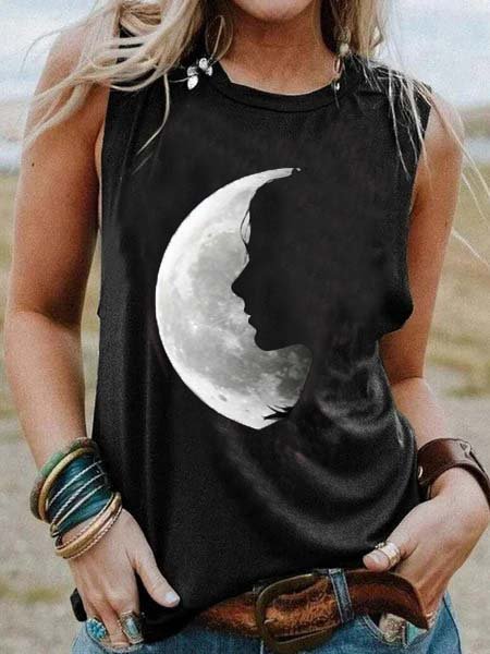 Sleeveless Cotton-Blend Crew Neck Tanks & Camis, Black, Tanks & Camis