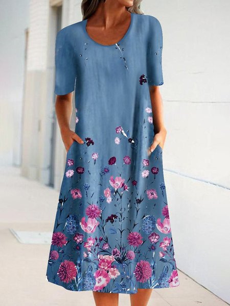 Short Sleeve Crew Neck Polyester Cotton Outdoor Weaving Dress, Blue, Midi Dresses
