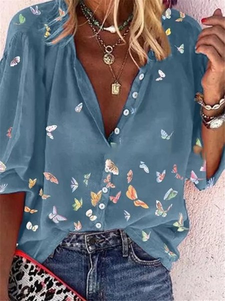 Colorful Print Chiffon Long Sleeve Shirt, Peacock, Tops
