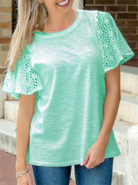 Crew Neck Cotton-Blend Short Sleeve T-shirt, Green, Shirts & Blouses