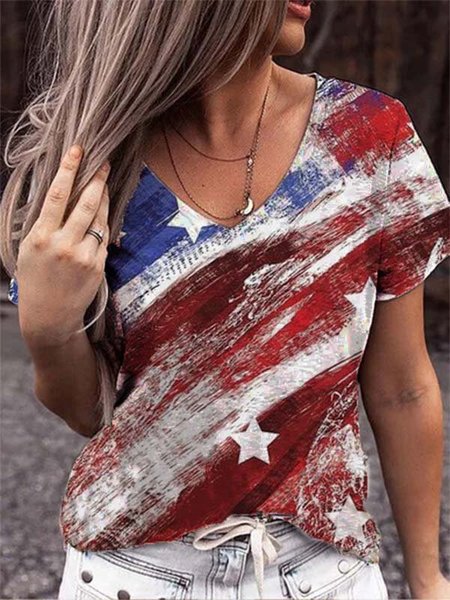 Printed Casual Cotton-Blend V Neck Short Sleeve T-shirt, Multicolor, Tops