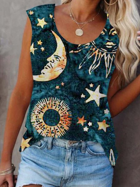 Graphic Sleeveless Printed Cotton-blend Crew Neck Vintage Summer Blue Top, Tank Top
Graphic Sleeveless Printed Cotton-blend Crew Neck Vintage Summer Blue Top, Tank Top