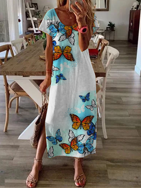 Crew Neck Short Sleeve Butterfly Holiday Dresses, White, Dresses