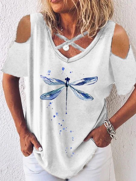 Short Sleeve Butterfly Cotton Shirts & Tops, White, Tops